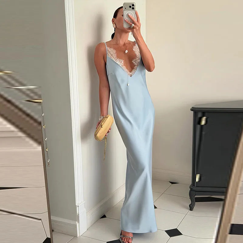 Elegant Women's Stain Lace Sling Long Dress Loose Sleeveless V-neck Backless Solid Dresses 2026 Spring Summer Lady Party Robes