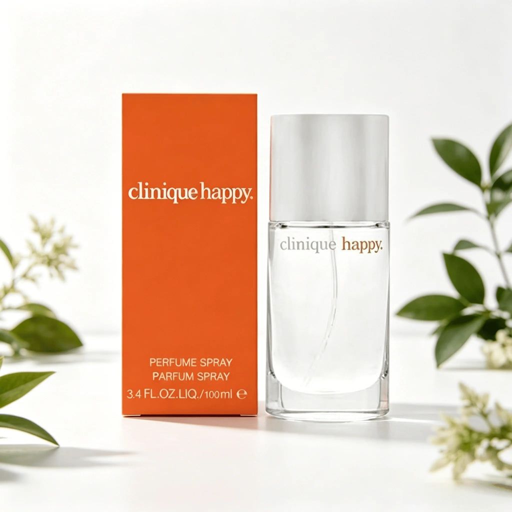 Clinique Happy Perfume Spray 100ML With Original Orange Gift Box Long Lasting Bright Fresh Citrus Floral Fruity Fragrance Women Perfume Clear Square Glass Silver Cap Bottle Cheerful Daily Scent Holiday Dating Gift for Ladies