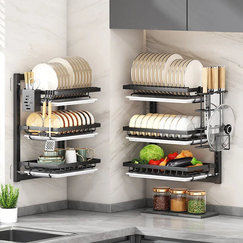 Wall Mounted Kitchen Organizer Rack - No-Drill Storage Shelf for Bowls, Plates, Spices with Dish Drying Function