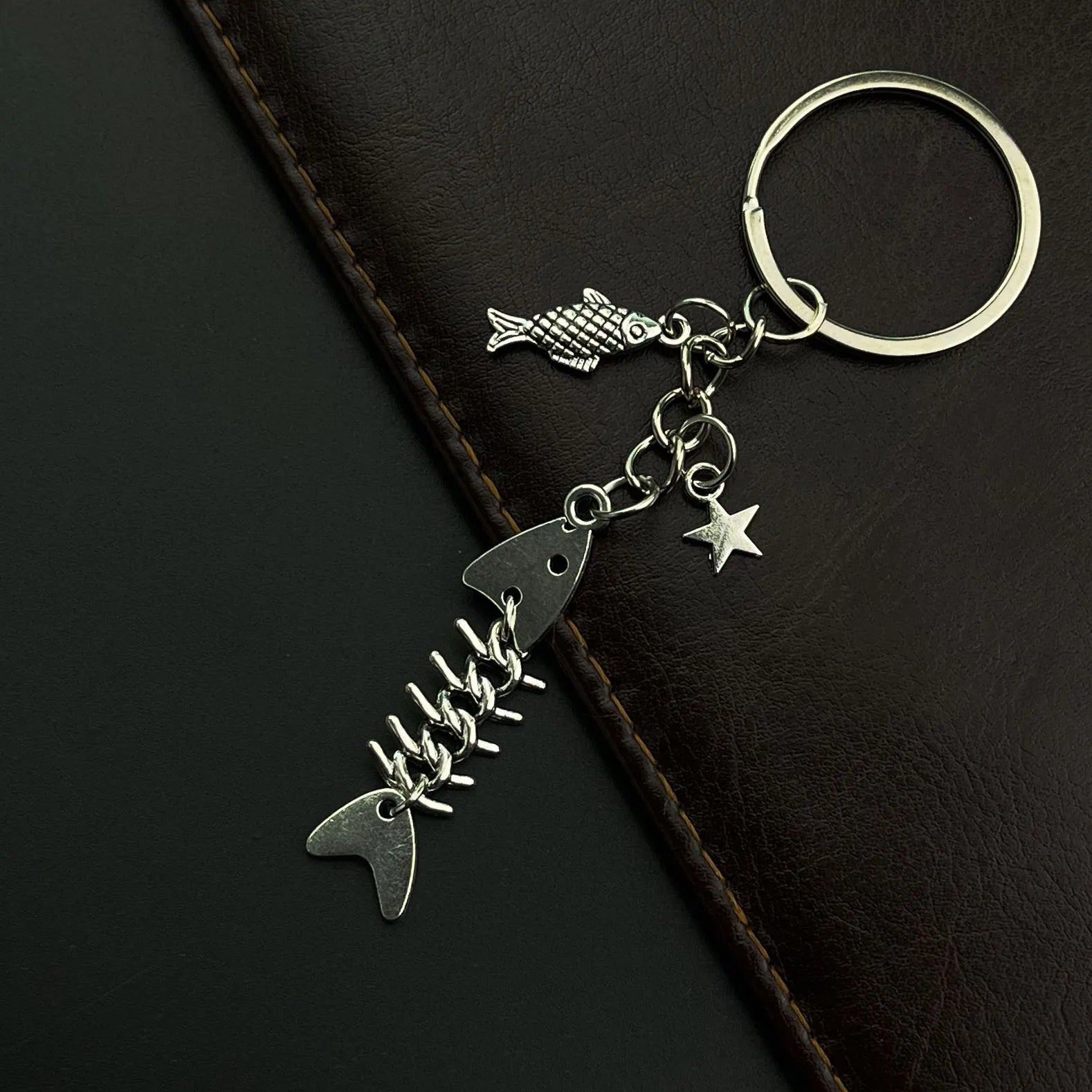 Key Chain Fish Cute Bag Charm Keyring for Car Fishbone Star Punk  DIY Handmade Jewelry Gifts