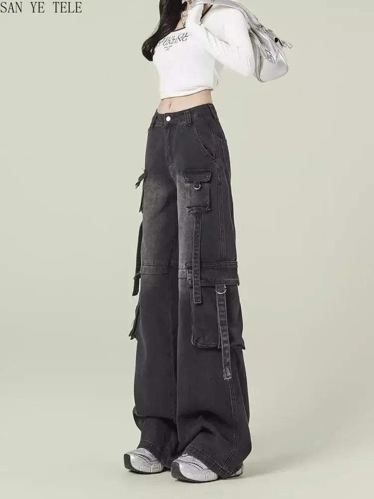 Black Gray Multi Pocket Cargo Jeans Women's Y2K Gothic Baggy Harajuku Oversize Denim Trousers Washed Straight Leg Wide Leg Pants
