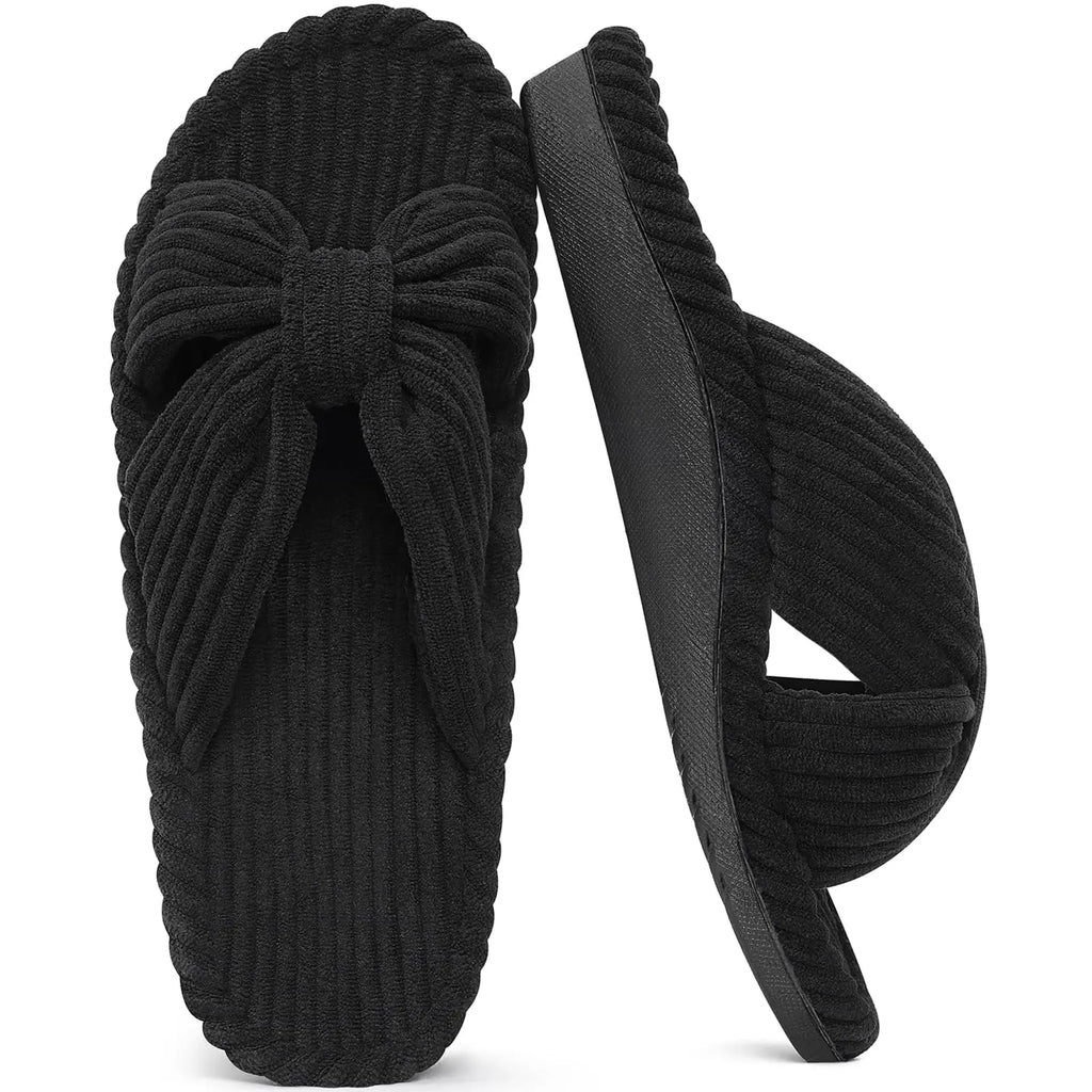 Comwarm Orthopedic House Slippers for Women Arch Support Cross Bow Indoor Slippers Corduroy Bedroom Shoes Open Toe Slip On