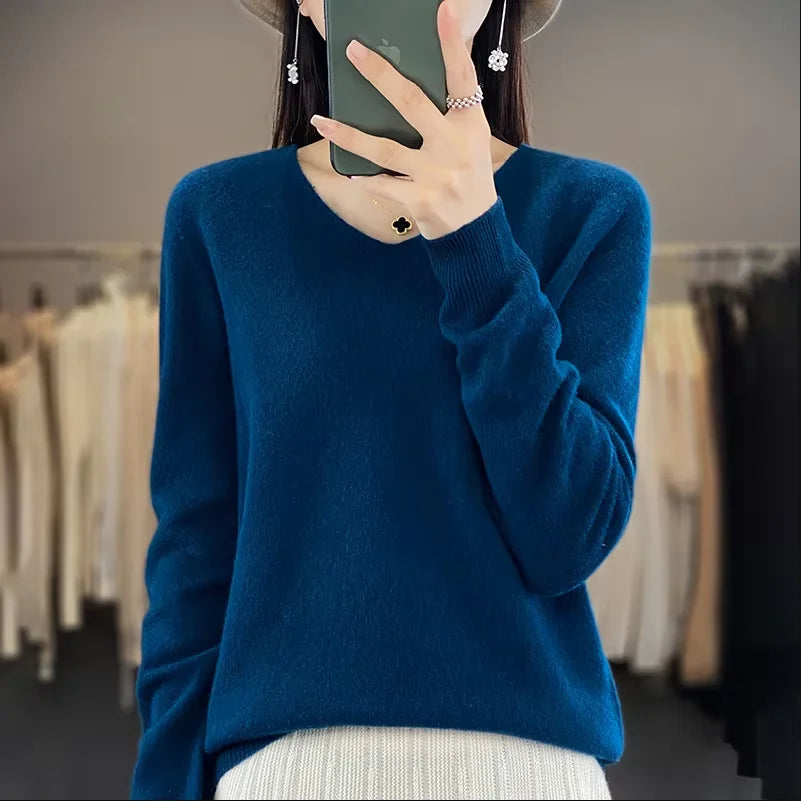 Women 100% Merino Wool Sweater V-Neck Basic Pullover Autumn Winter Cashmere Clothing Long Sleeve Soft Knitwear Tops Solid Color