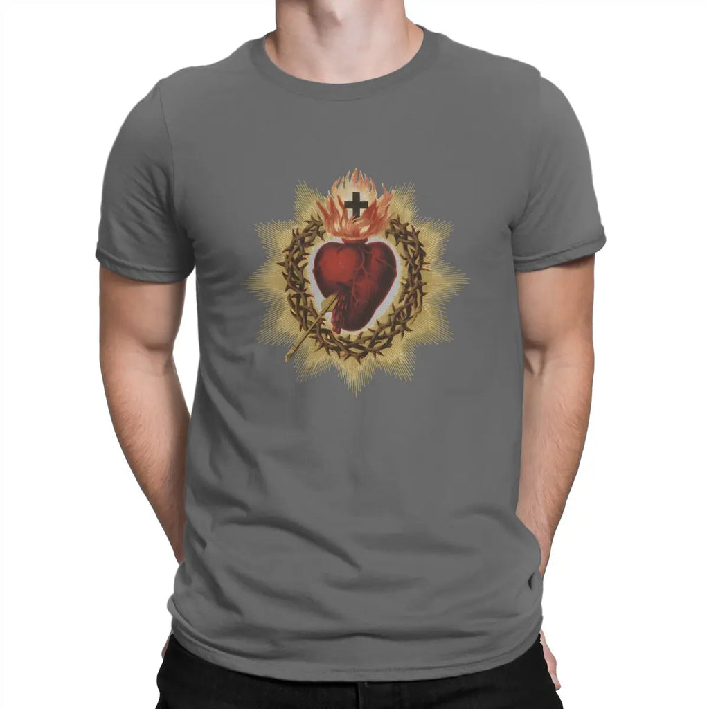 Sacred Heart  Catholic T Shirt Men Cotton Vintage T-Shirt Crewneck Jesus God Cross Tee Shirt Short Sleeve Clothing Gift Idea