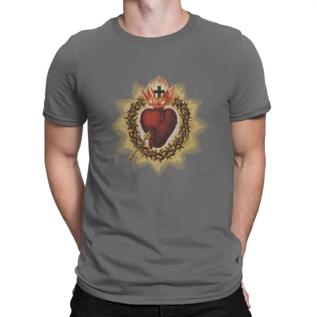 Sacred Heart  Catholic T Shirt Men Cotton Vintage T-Shirt Crewneck Jesus God Cross Tee Shirt Short Sleeve Clothing Gift Idea