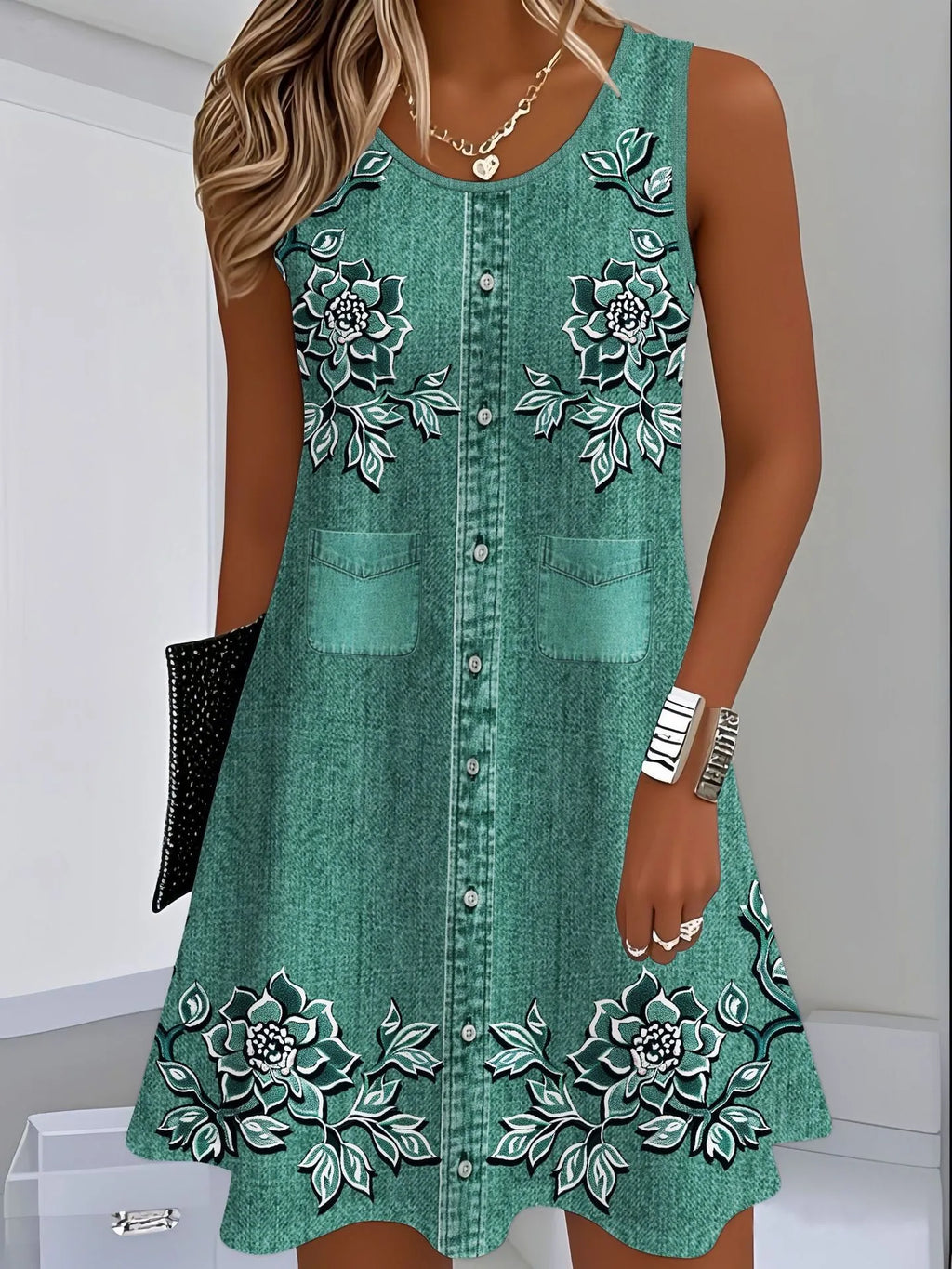 Women's Casual Summer Sleeveless Loose Fit Round Neck Pull On 3D Print Mid Length Dress for Women Beach Hiking Camping Outfits
