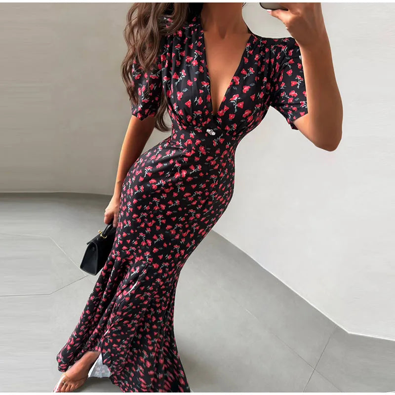 Slim Printed Waist-cinching Fishtail Dress 2026 Summer New Ladies Sexy V-neck Short Sleeve Split Long Robes Women's Party Gowns