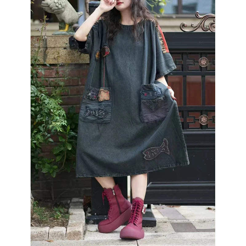 New Arrival Summer Arts Style Women O-neck Loose Long Dress Vintage Embroidery Double Pockets Cotton Denim A-line Dresses XT115