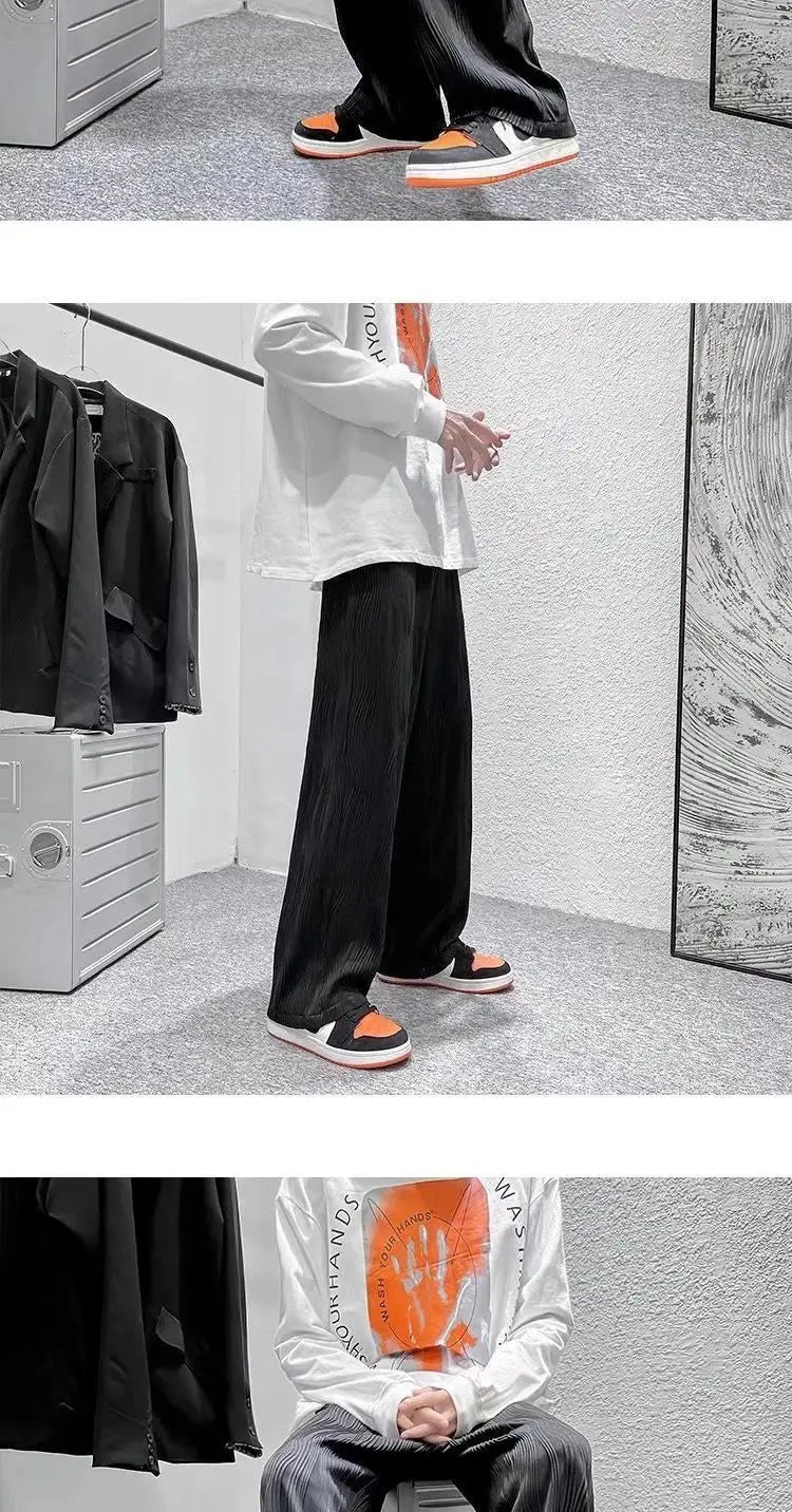 Summer Korean Fashion Simple Ice Silk Wide Leg Pants Men Solid Elastic Waist Pockets Thin High Street Loose Straight Trousers