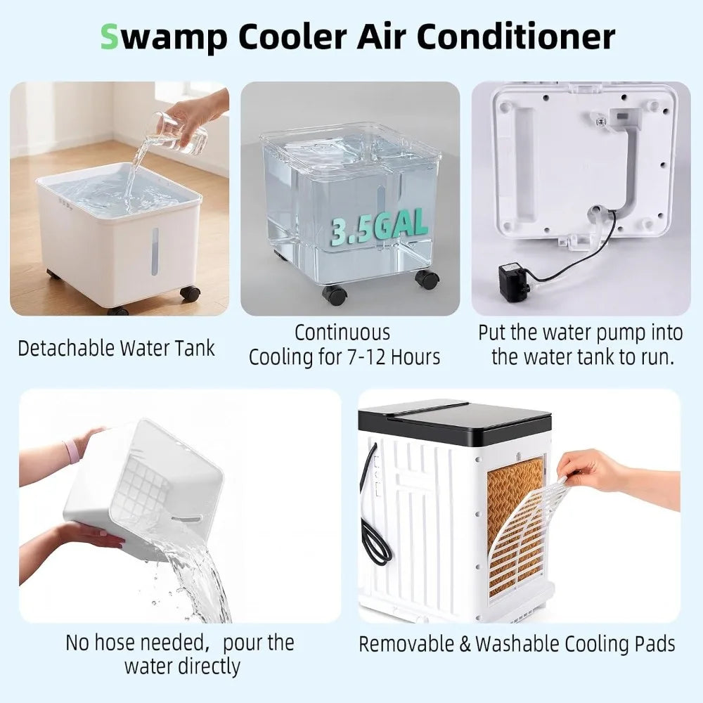 Portable Air Conditioner with Wheels 3 Wind Modes 3.5-Gallon Water Tank for Evaporative Air Cooler Long Cooling 120° Oscillation