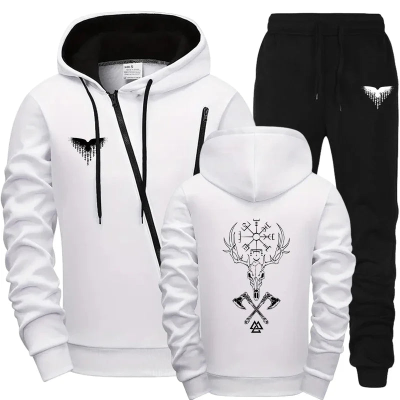 Mens Casual Riding Set 2025 Diagonal Zipper Hoodie with Joggers Urban Streetwear Tracksuit Autumn Winter