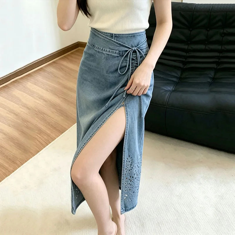 Side Slit Denim Long Skirts Womens Summer Vintage Floral Embroidery Jeans Pencil Skirt Bandage High Waist Women Long Skirt