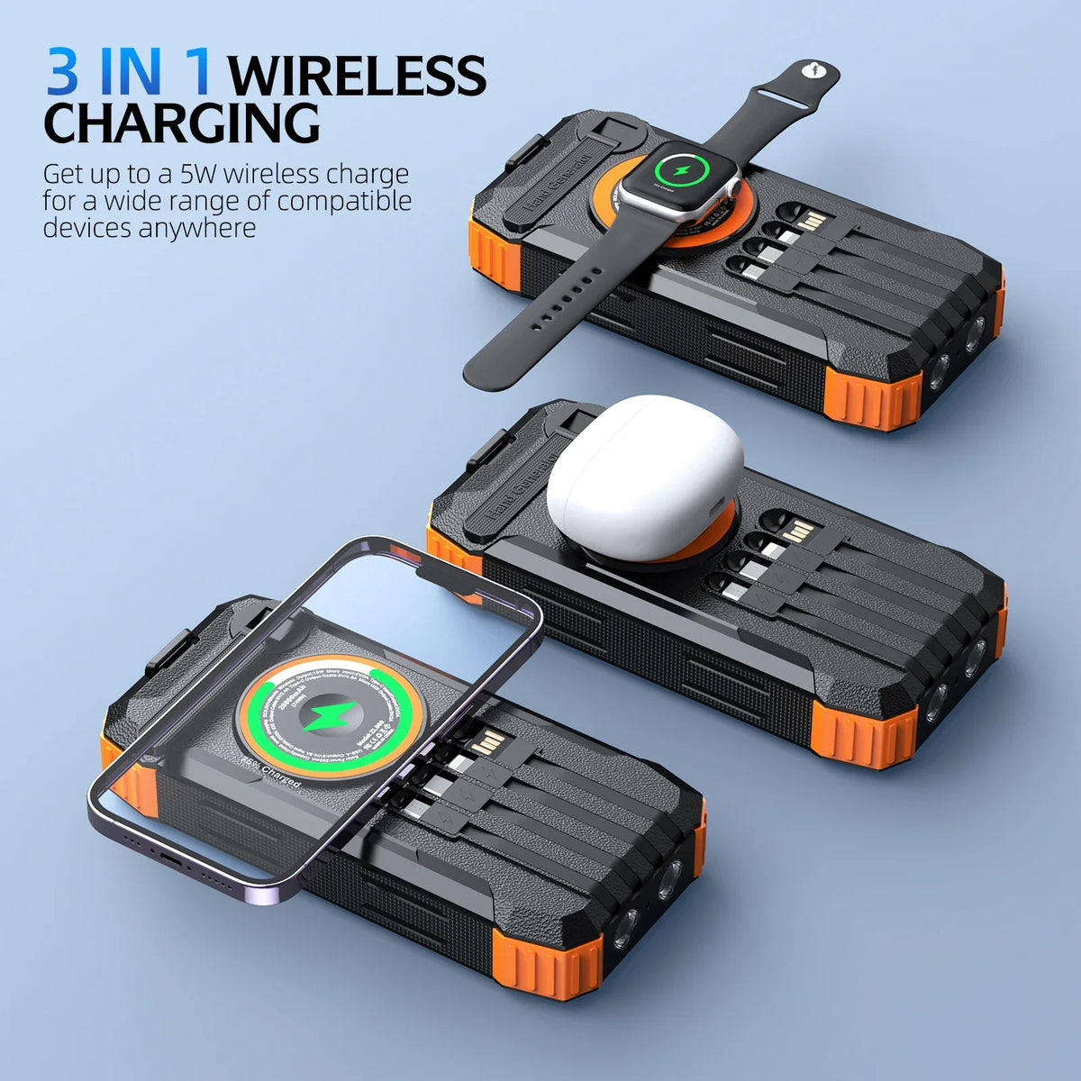 100000mAh Solar Power Bank Fast Wireless Charger Built-in Cable Hand Crank Portable External Battery Poverbank for iPhone