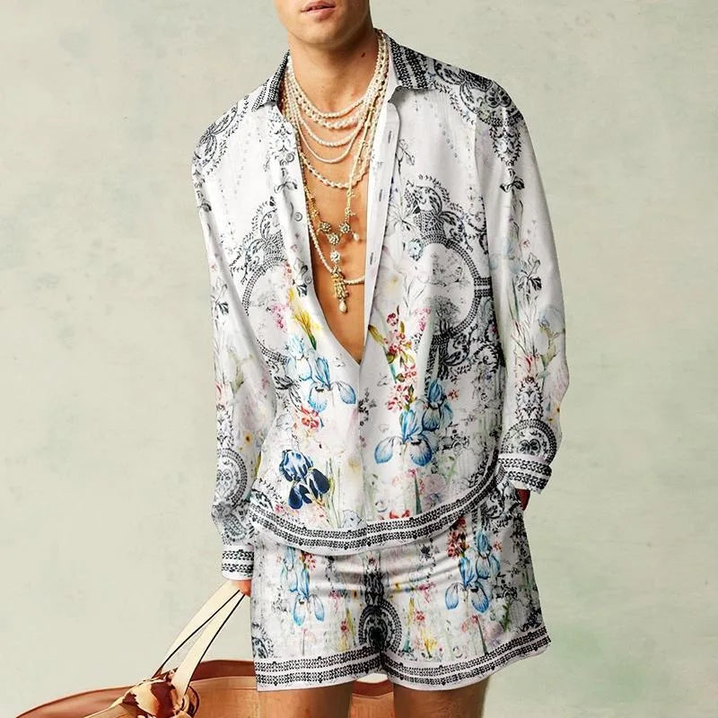 2PCS Suits Men Fashion Shirts+Shorts Two Piece Sets Hawaii Shirts Luxury European Shirt Sets Beach Vocation Outfits Streetwear