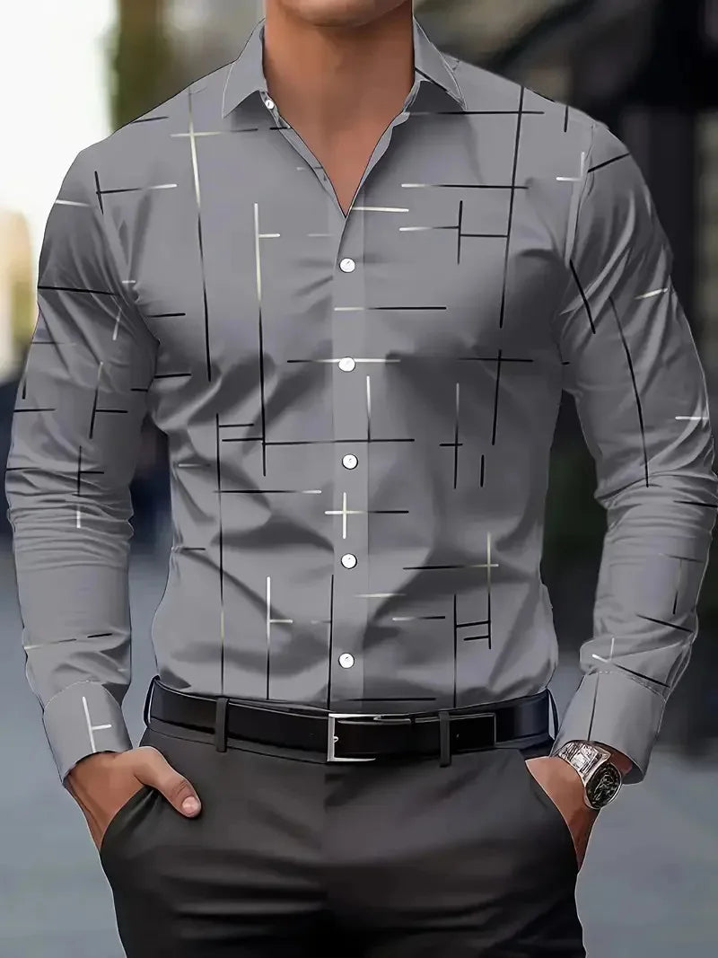 Men's Casual Geometric Print Long Sleeve Shirt - Breathable Button-Up Shirt for Spring and Autumn, Suitable for Modern Business