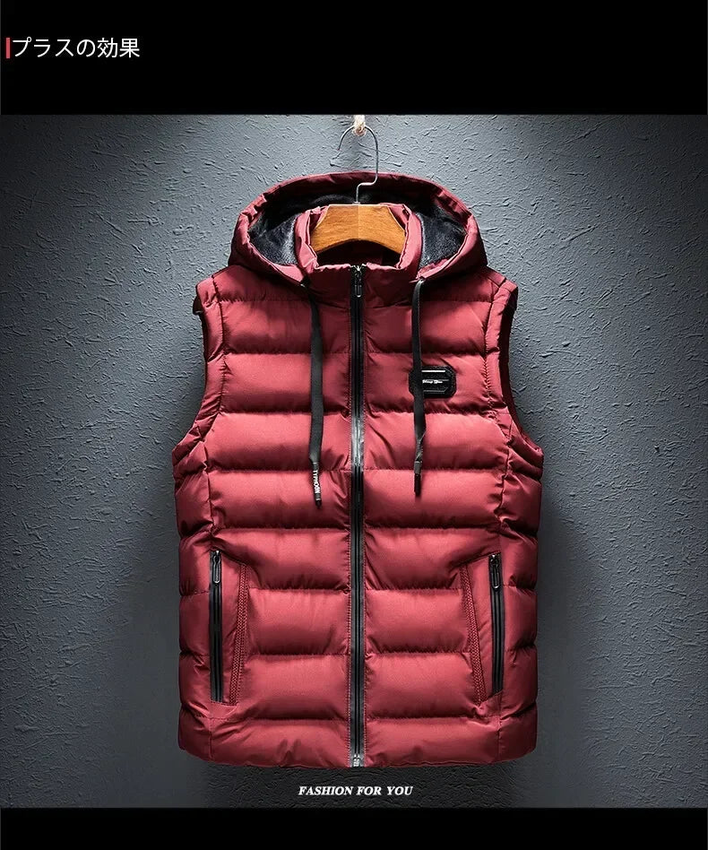 Fashion Warm Hooded Male Winter Vest Light Plus Size Mens Work Vest Waistcoat Hooded New Fleece Autumn Sleeveless Jacket for Men