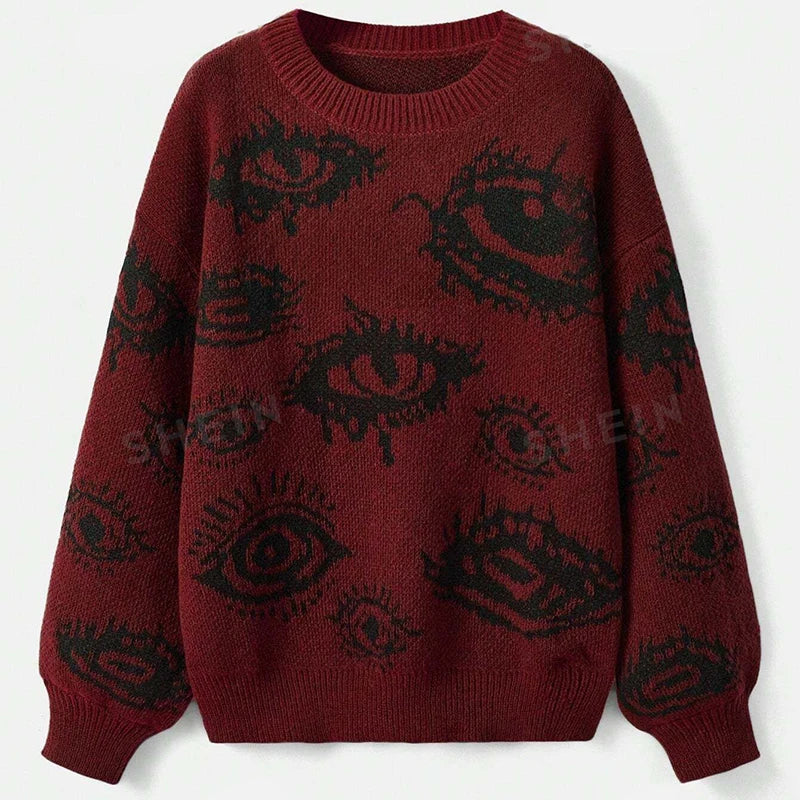 Y2K Eyes Crochet Knitted Sweaters Mens Vintage Crew Neck Long Sleeve Knit Jumper Top Men Spring Autumn Casual Loose Sweater Male