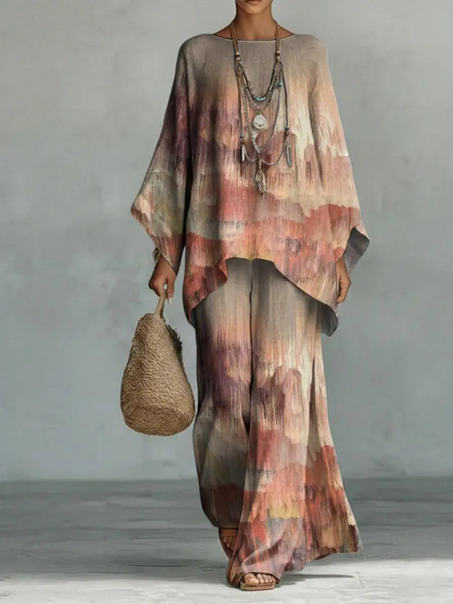 Bohemian Foreign Style Printed Women's Two-piece Set Spring Fashion O-neck Loose Top+wide Leg Pants Suit Ladies Office Outfit