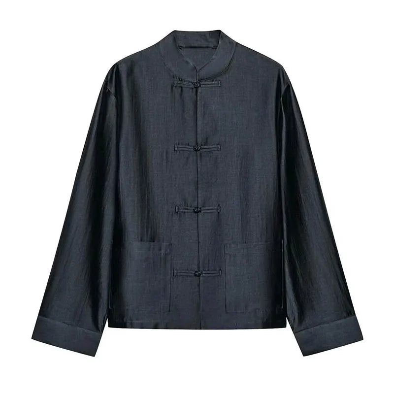 Loose Women's Frog Buttons Mandarin Shirts See Through Stand Collar Full Sleeve Blouses 2026 Summer Lady Cotton Linen Outwear