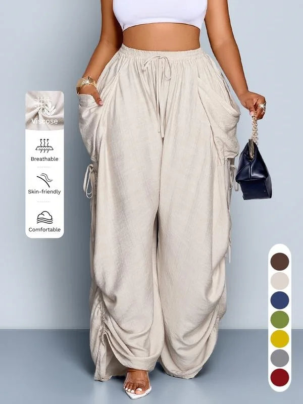 Loose Wide Leg Pants Drawstring Elastic Waist Pure Color Casual Trousers Women's High Waist Straight Cut Summer Fashion