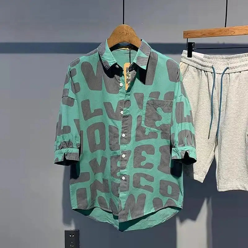 2024 Summer Trendy Men's Fashionable Lapel Full Body Letter Print High-end Versatile Casual Loose Oversized Short Sleeved Shirt