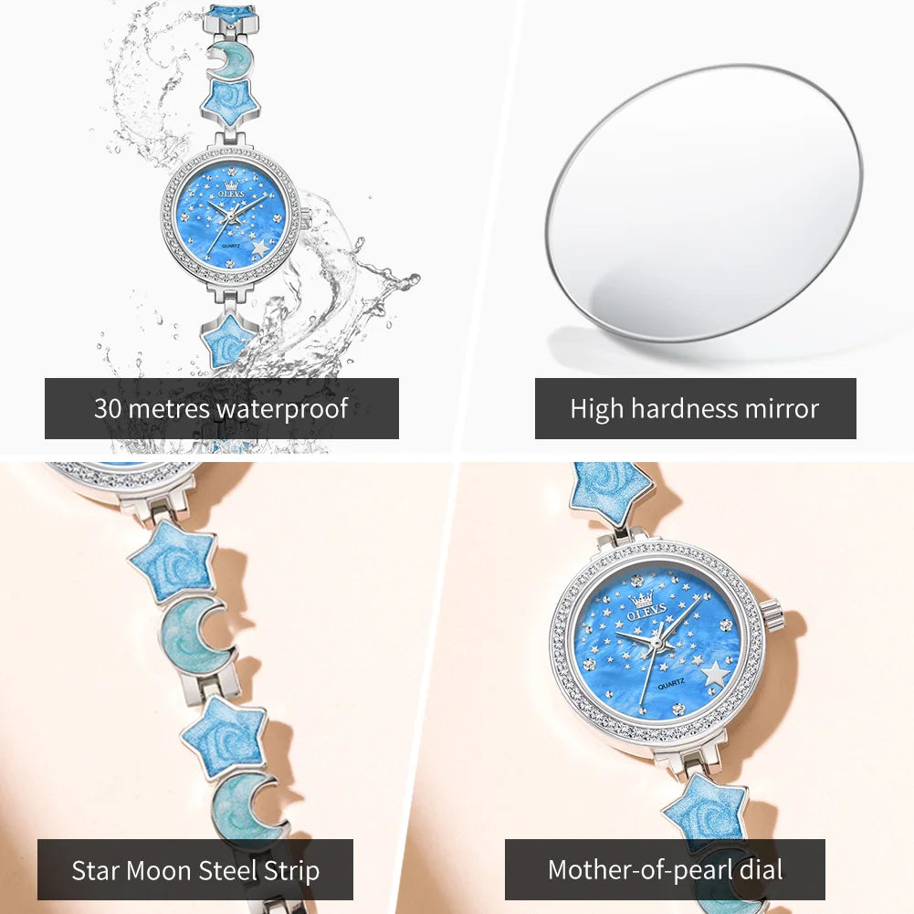 OLEVS Original Quartz Women's Watches Trendy Star Moon Diamond Dial Elegant Ladies Bracelet Wristwatches Luxury Woman Watch 5665