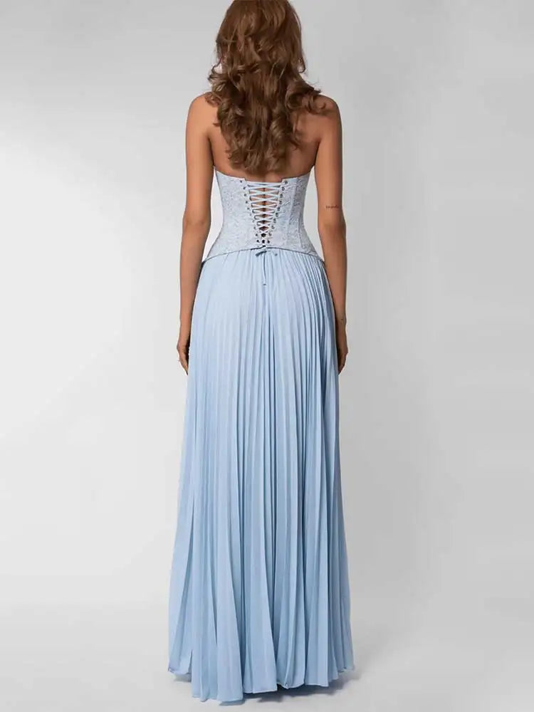 GACVGA Elegant Corset Halter Pleated Maxi Dress Women Back Lace-up Patchwork Slim Lady Gown Club Party Evening Long Dress