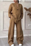 Spring Autumn Fashion Cotton And Linen Solid Two Piece Set Women Causal Loose V-neck Top Wide Leg Pants  2 Piece Sets Woman
