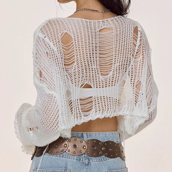 Sexy White Slash Neck Grunge Knitted Women's Sweater Hole Ripped Pullover Crop Top Harajuku Hollow Out Fashion Summer Jumpers