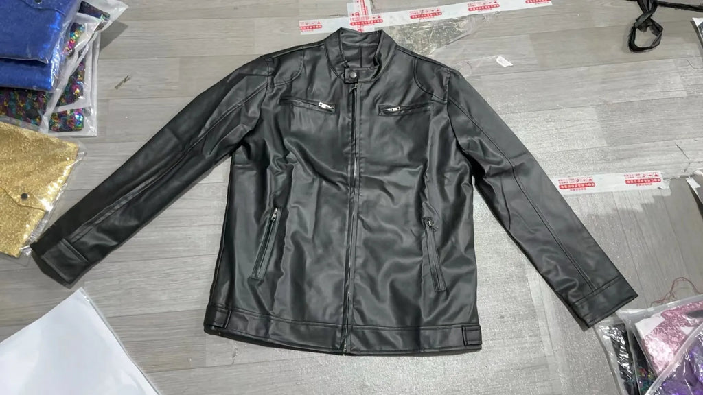 Winter Stand Collar Zip-Up Pocket PU Leather Jacket Men's Slim Business Casual