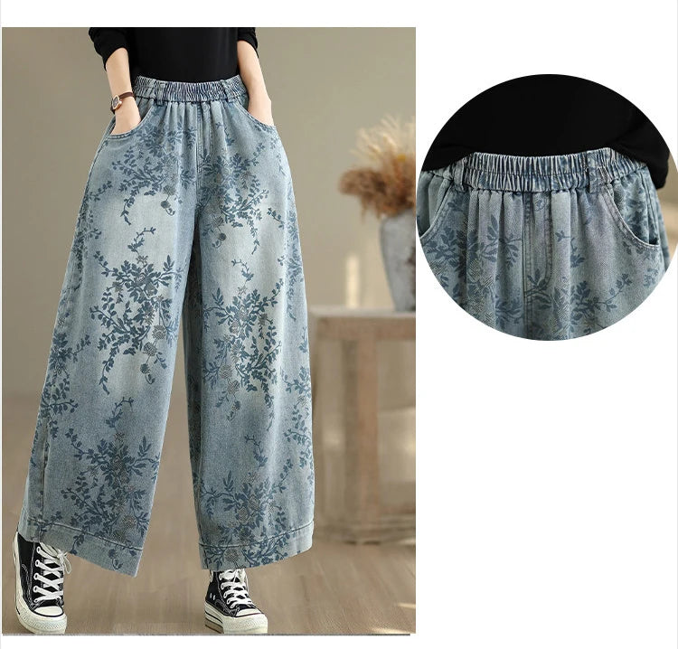 Spring Summer Retro Printed Denim Pants for Women Good Quality Elastic Waist Jeans Loose Casual Wide Leg Straight Trouser