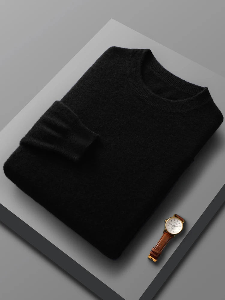 Autumn Winter Men O-neck 100% Merino Wool Pullover Cashmere Sweater Basic Casual Bottom Business Knitwear Soft Warm Clothing