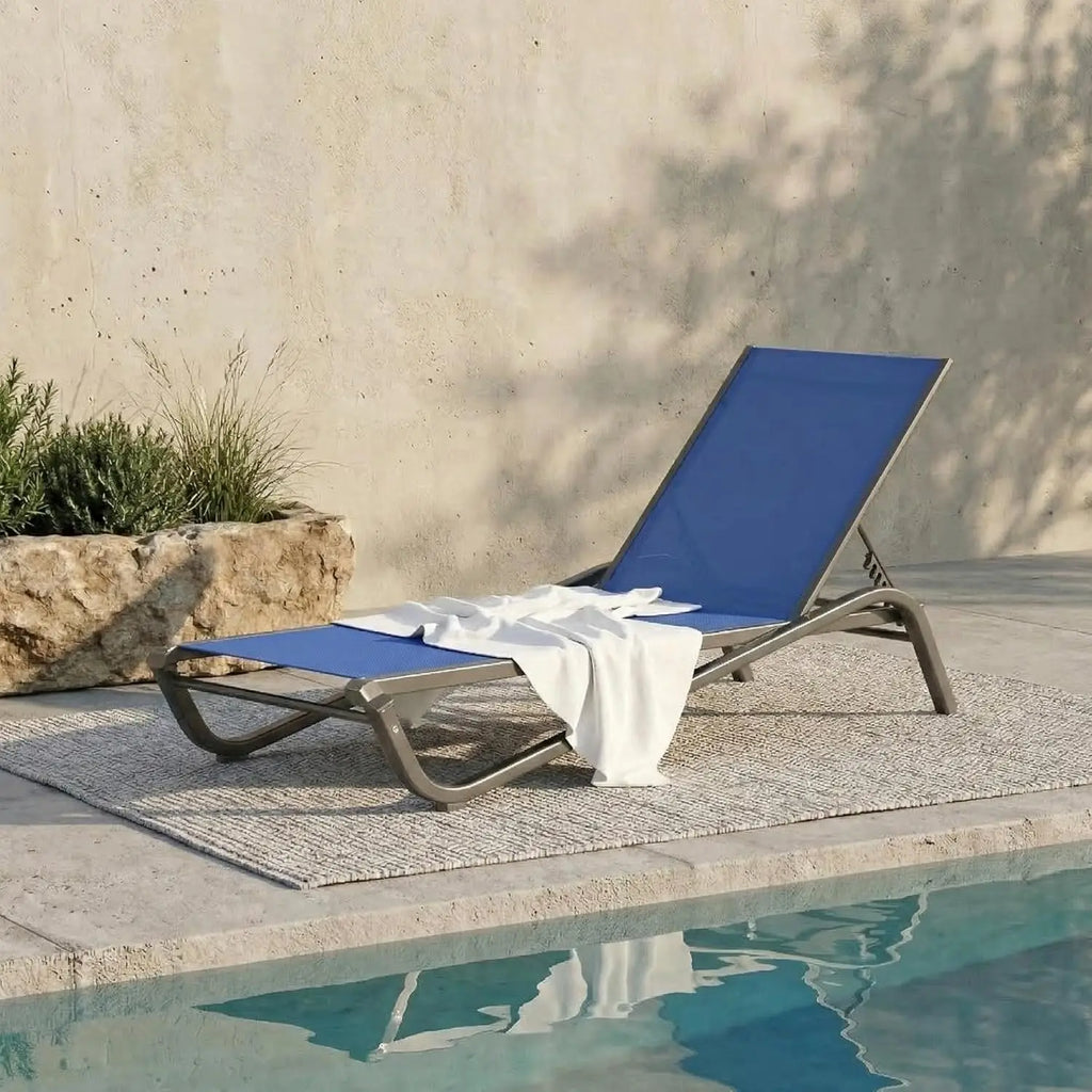 Adjustable Patio Chaise Lounge Outdoor Textilene Sun Bed for Pool Deck Rust-Proof Aluminum Frame, Custom