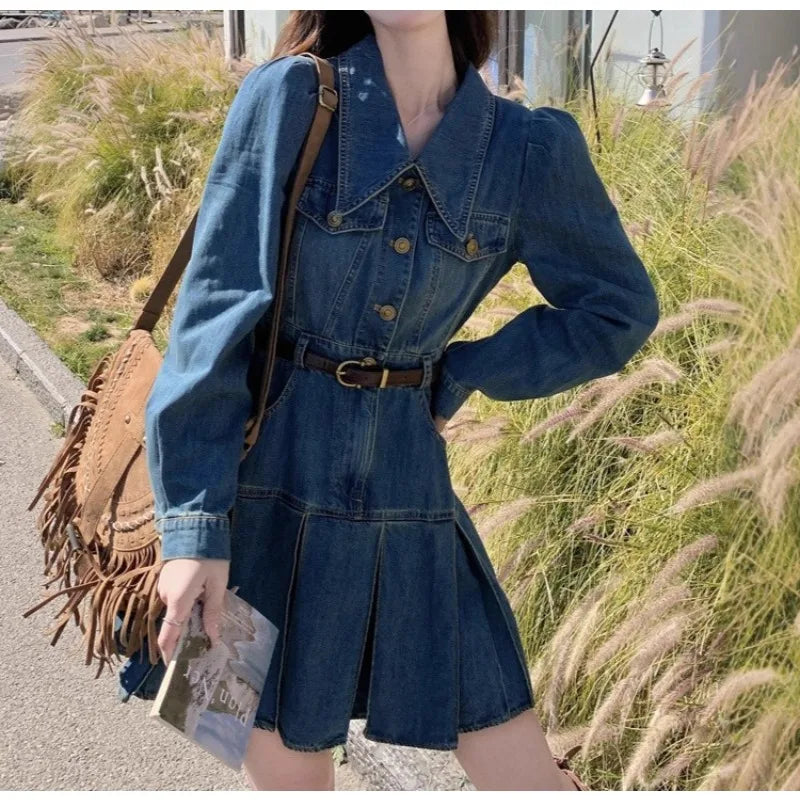 Denim Dress Women's 2026 Spring and Summer New High-end Sense, Unique Design Sense, Waist and Thin Long-sleeved Skirt