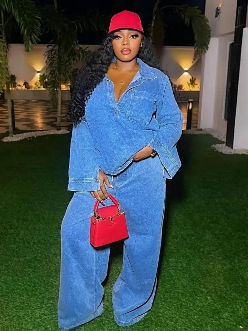 Vintage Denim 2 Piece Sets Women Outfit Spring Clothes Women 2026 Long Sleeve Shirt Top Straight Jeans Pant Set Cowboy Woman Set