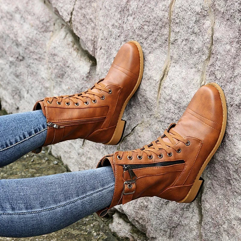 Women's Square Heels Ankle Booties  Autumn Winter PU Leather Short Work Boots Woman Plus Size Lace Up Elastic Botas Mujer 2024