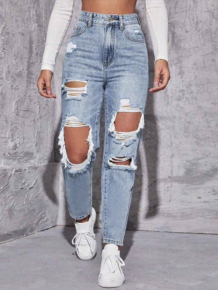 Women's Distressed Straight Leg Jeans Ripped Hole Denim Pants Casual Loose High Waist Street Style Trousers