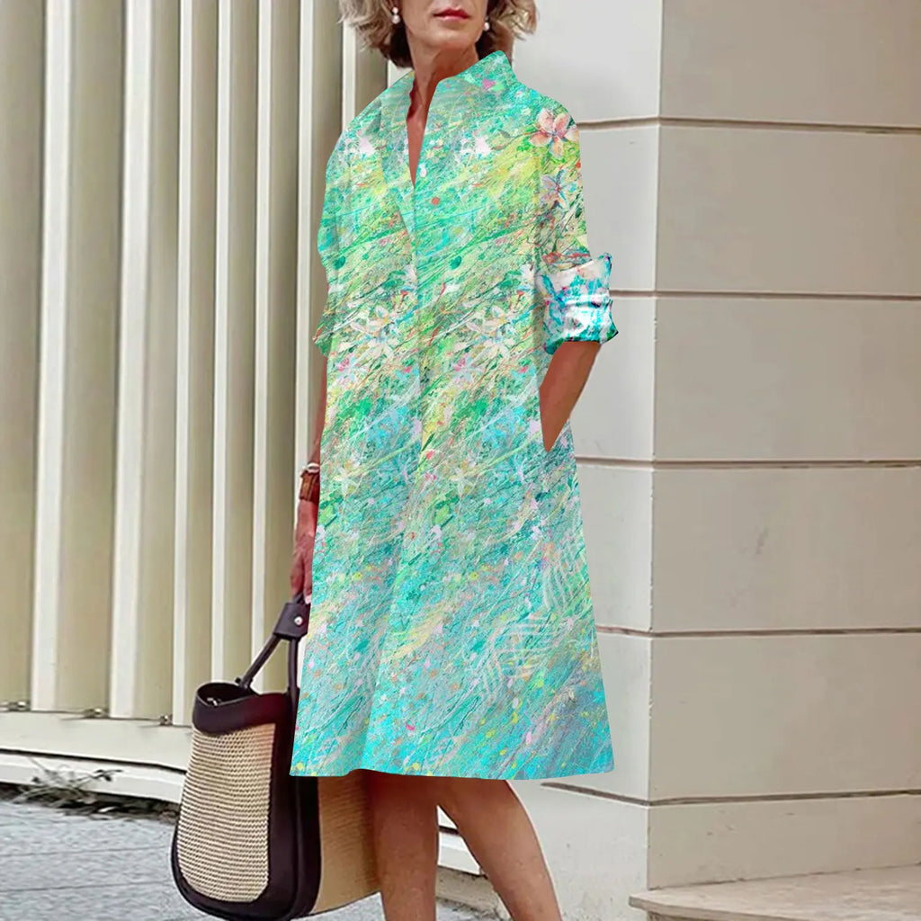 Spring and Summer Women's Dresses Fashion Lapel Printed Long Sleeve Shirt Street Shooting High Temperament New Traveling Gowns