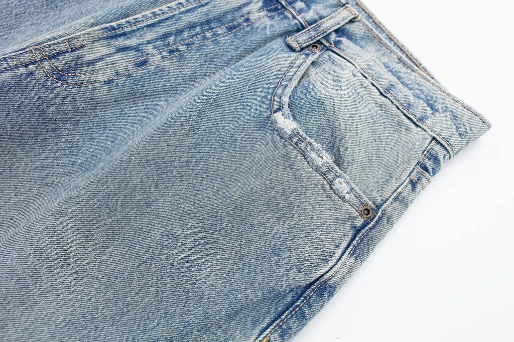 HH 2024 Women's Street Fashion Denim Blue Jeans Distressed Patchwork High Waist Zipper Fly Ripped Retro Long Pants