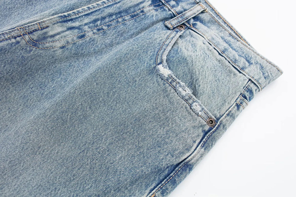 HH 2024 Women's Street Fashion Denim Blue Jeans Distressed Patchwork High Waist Zipper Fly Ripped Retro Long Pants