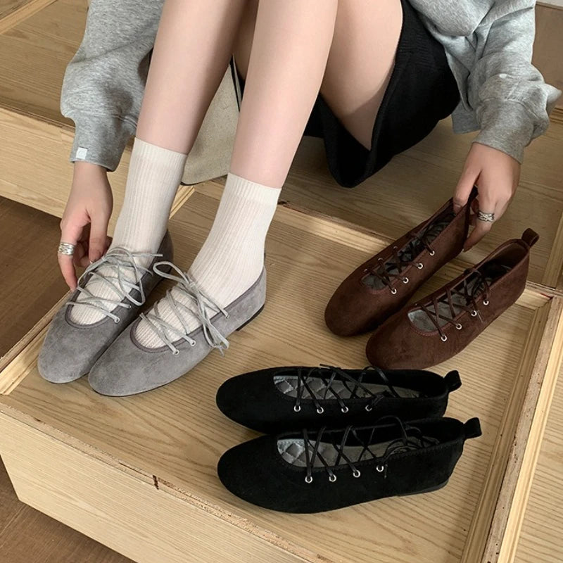 Fashion Cross Lace Up Ballet Flats Women Comfort Round Toe Soft Sole Designer Autumn Flats Elegant Party Dress Shoes for Ladies