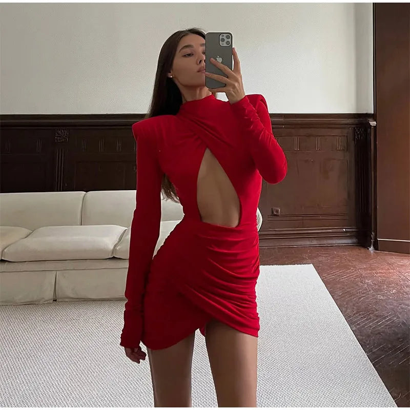 Elegant Hollow Out Mini Dress Women Sexy Long Sleeve Bodycon Waist Cinching Vestidos 2025 Chic Autumn Office Lady Commute Robes