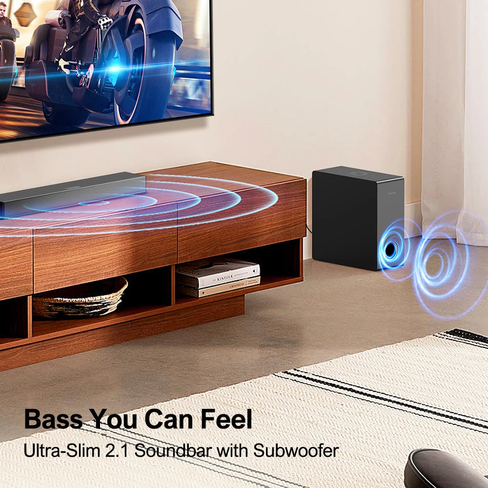 ULTIMEA 2.1ch Ultra Slim Soundbar with 5.25'' Wired Subwoofer, HDMI ARC, BassMX Deep Bass, 3 EQ Modes, TV & PC Gaming Speaker