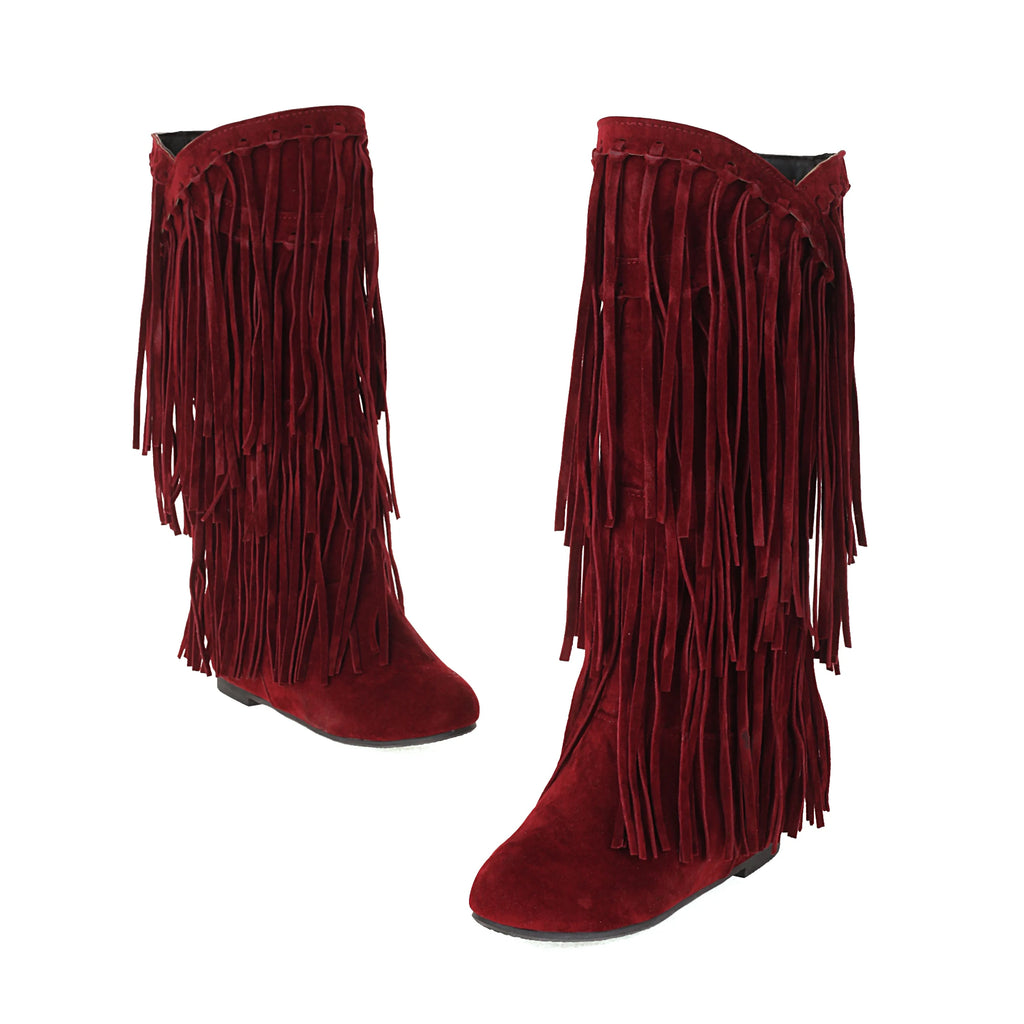 2025 New High Boots Women Bohemian Flock Tassle Mid-Calf Boots Wedge Booties Autumn Winter Ethnic Casual Shoes zapatos de mujer