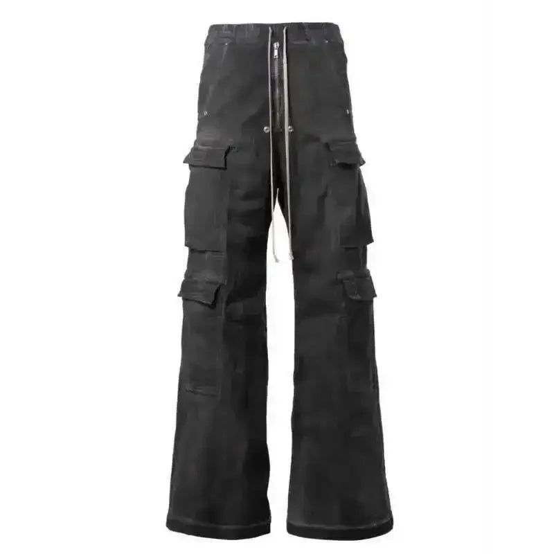 High Street Drawstring Zipper Sliced Wide Leg Cargo Pants Msn's Casual Loose Straight Trousers Loose Denim Pants
