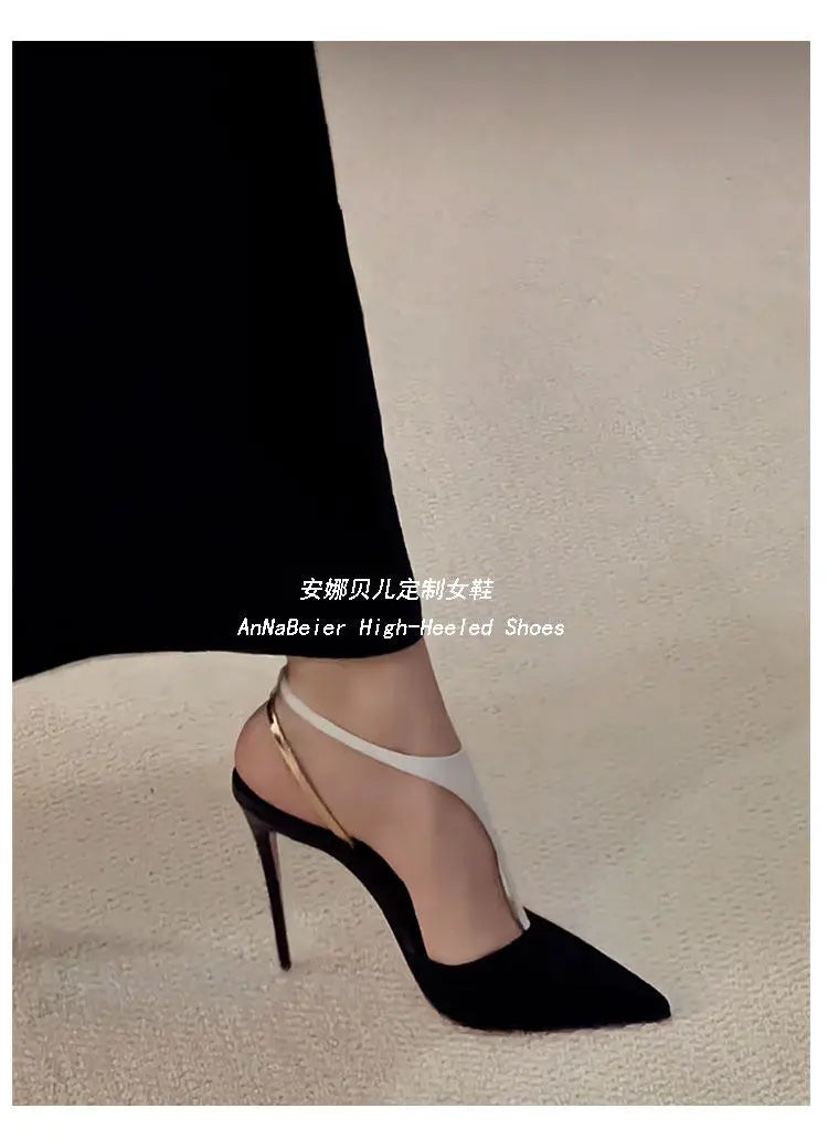 T-Shaped Socialite Black Gold Color Blocked Sexy Toe Sandals with Thin Heels and Pointed Toes, Autumn and Winter New High Heels