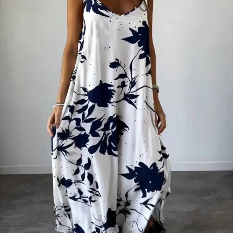 Vestidos Summer Women's Fashionable Printed Camisole Backless Casual Dress 2025 Sexy Women's V-neck Loose Beach Maxi Dresses