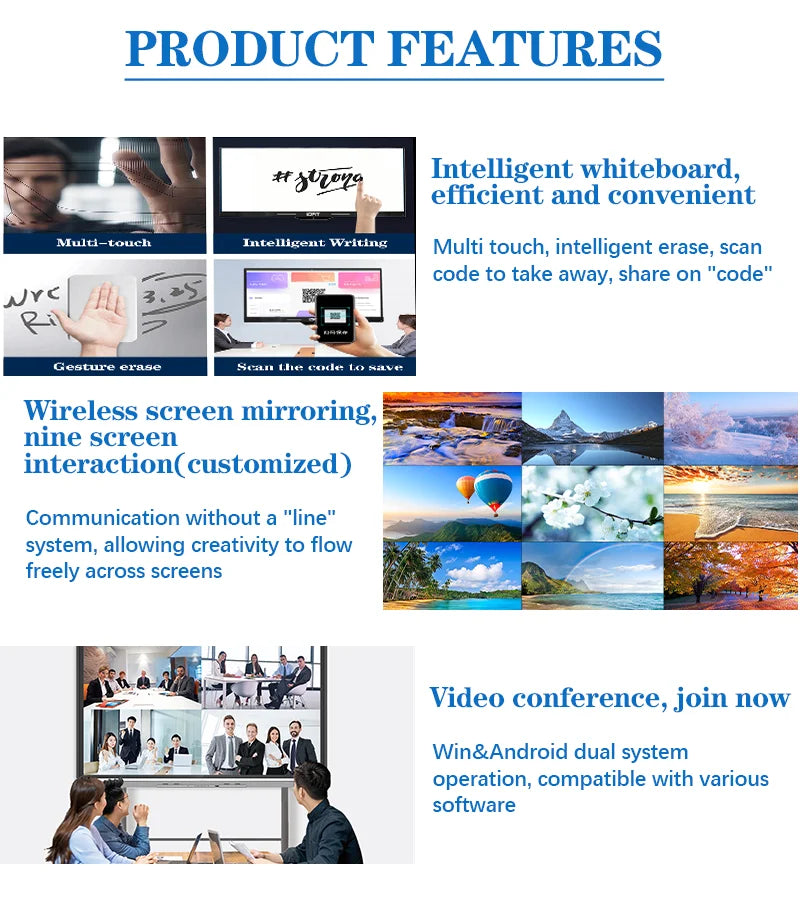75 85 Inch 4K Android Interactive Flat Panel 20 Points Multi Touch Screen Aluminum Frame Smart Whiteboard