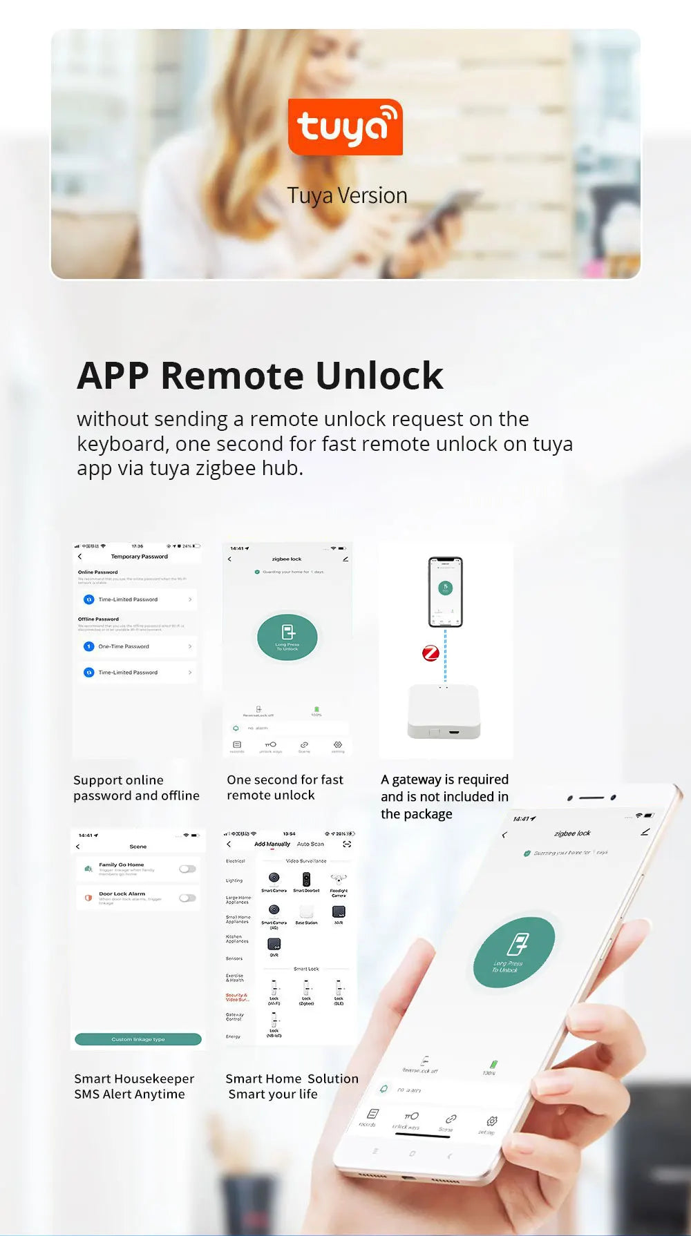Zemismart Zigbee Fingerprint Door Lock Work with Tuya IC Card Key Password App Unlock with Doorbell Security Mechanical Lock
