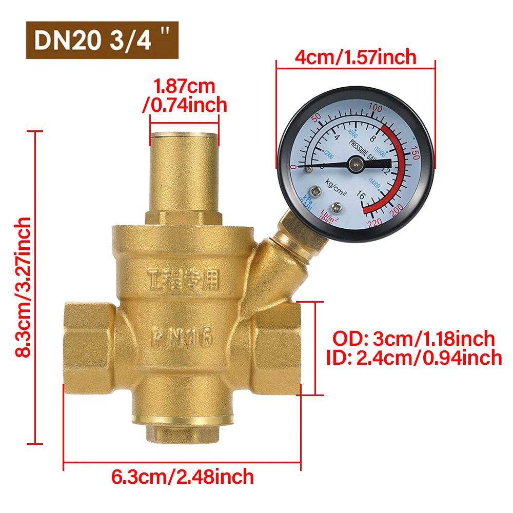 Water Pressure Regulator Brass Pressure Regulator DN20/15 Brass Adjustable Water Pressure Regulator Reducer with Gauge Meter